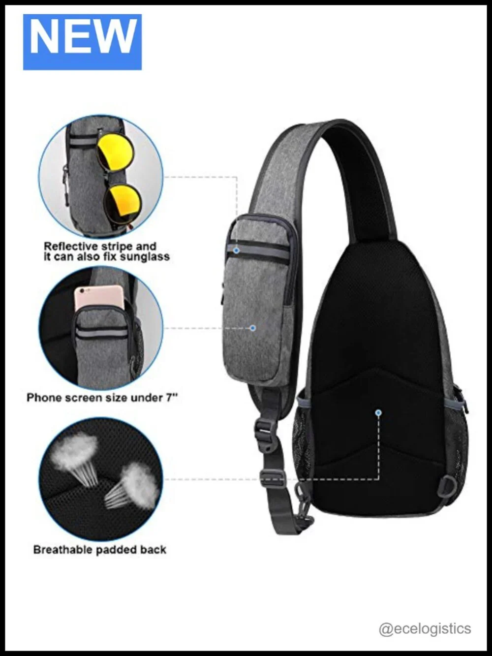 Sling Crossbody Backpack Travel Hiking Daypack Chest Bag 15in Polyester